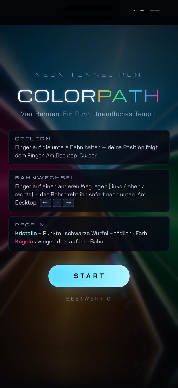 Startbildschirm mit Titel und Start-Knopf vor dem Neon-Tunnel
